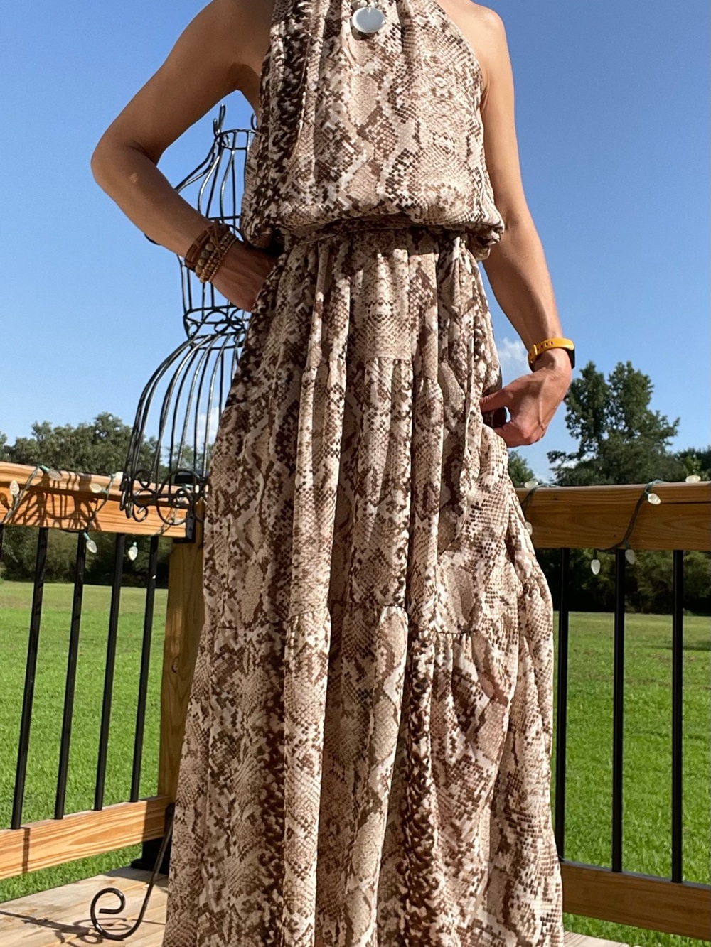 Neutral Snake-Print Maxi Dress with Waist Tie